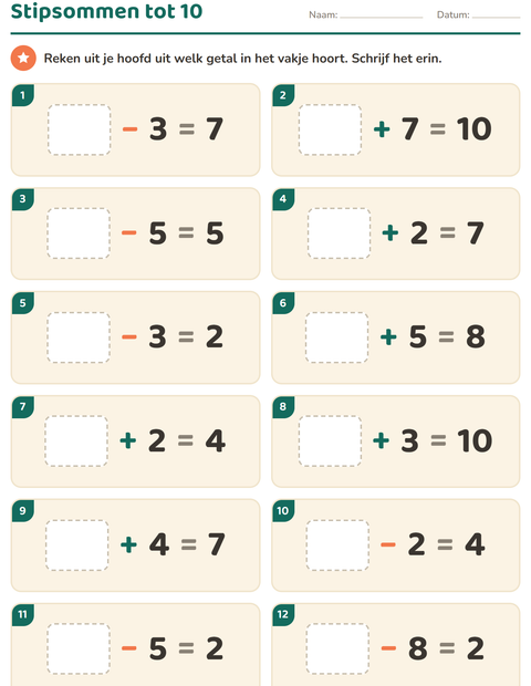 Voorbeeld van het Hoofdrekenen-werkblad voor groep 3