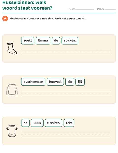 Voorbeeld van het Husselzinnen-werkblad met Kleding ZW voor groep 3