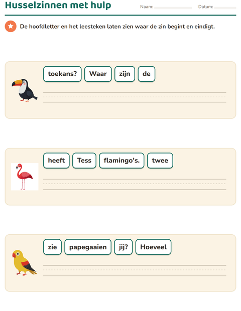 Voorbeeld van het Husselzinnen-werkblad met Vogels voor groep 3