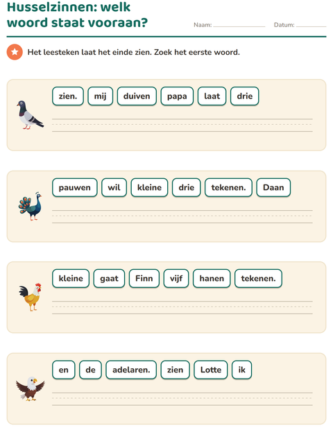 Voorbeeld van het Husselzinnen-werkblad met Vogels 2 voor groep 3