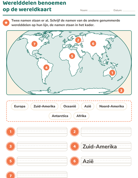 Voorbeeld van het Kaartlezen en windrichtingen-werkblad voor groep 4