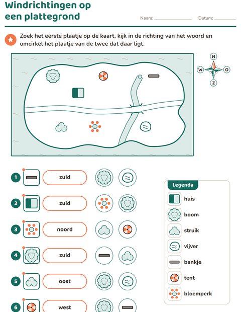 Voorbeeld van het Kaartlezen en windrichtingen-werkblad voor groep 4