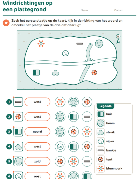 Voorbeeld van het Kaartlezen en windrichtingen-werkblad voor groep 4