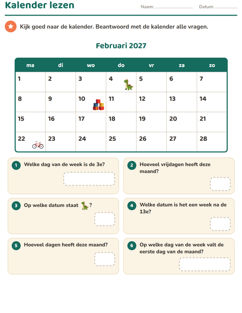 Voorbeeld van het Kalender lezen-werkblad voor groep 4