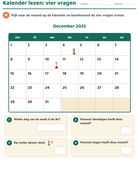 Voorbeeld van het Kalender lezen-werkblad voor groep 4