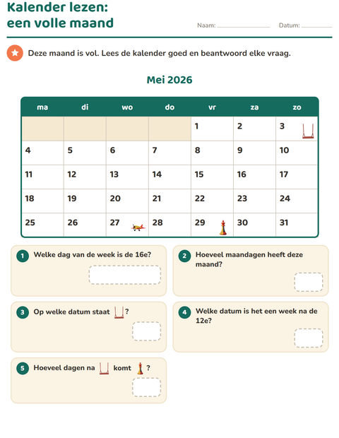 Voorbeeld van het Kalender lezen-werkblad voor groep 4