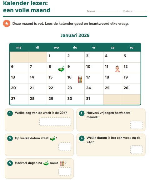 Voorbeeld van het Kalender lezen-werkblad voor groep 4