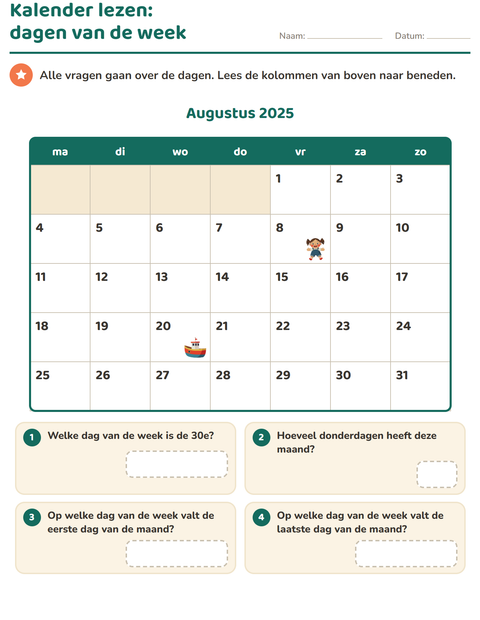 Voorbeeld van het Kalender lezen-werkblad voor groep 4