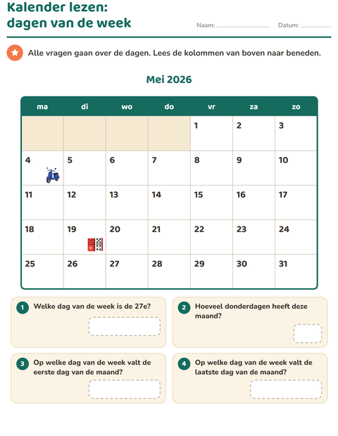 Voorbeeld van het Kalender lezen-werkblad voor groep 4