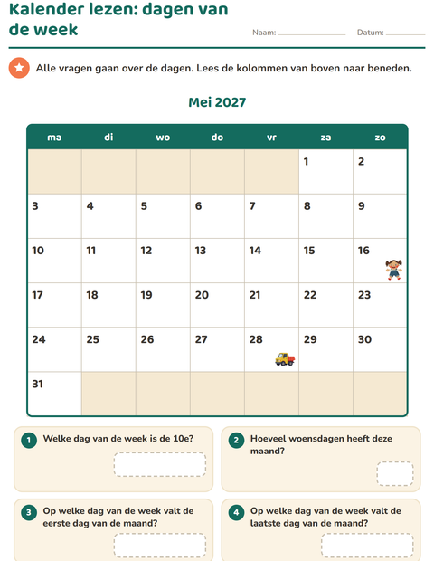 Voorbeeld van Kalender lezen: alle vragen over de dagen van de week