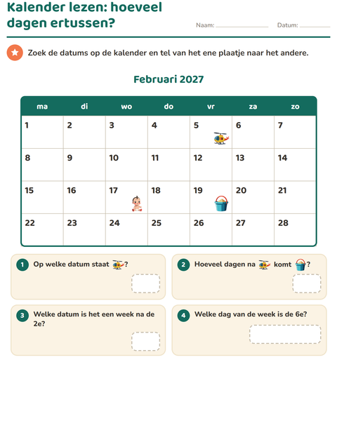 Voorbeeld van het Kalender lezen-werkblad voor groep 4