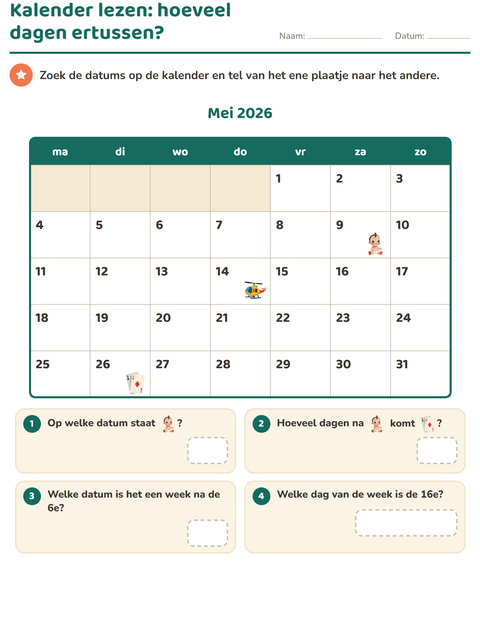 Voorbeeld van het Kalender lezen-werkblad voor groep 4