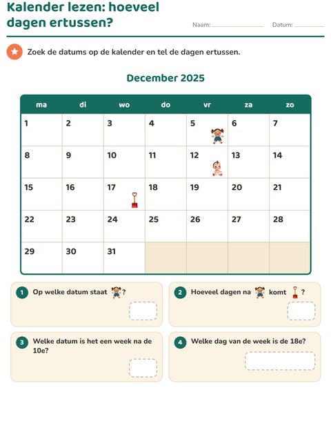 Kalender lezen: hoeveel dagen zitten er tussen twee datums?