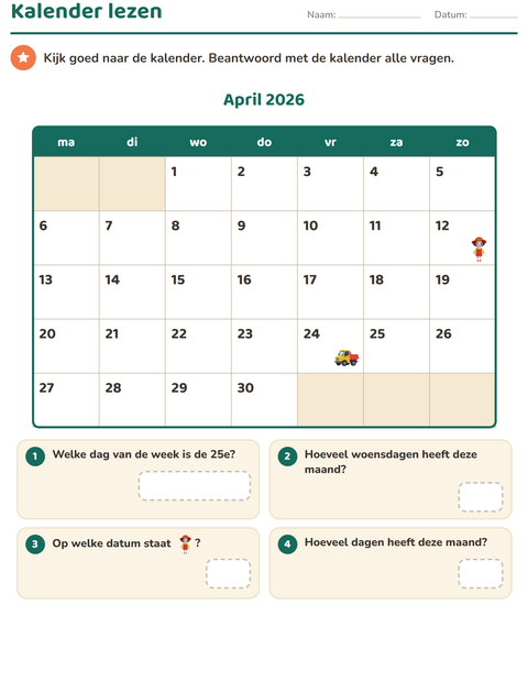 Voorbeeld van het Kalender lezen-werkblad voor groep 4