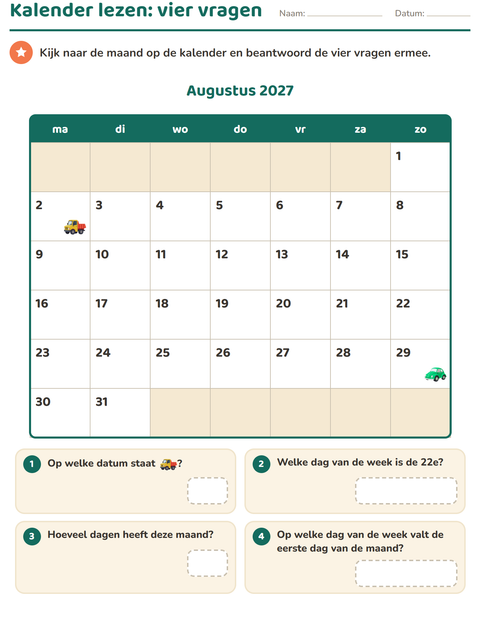 Voorbeeld van het Kalender lezen-werkblad voor groep 4