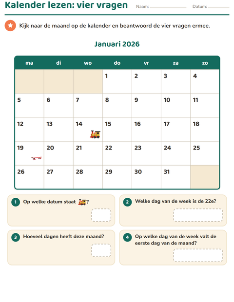 Voorbeeld van het Kalender lezen-werkblad voor groep 4