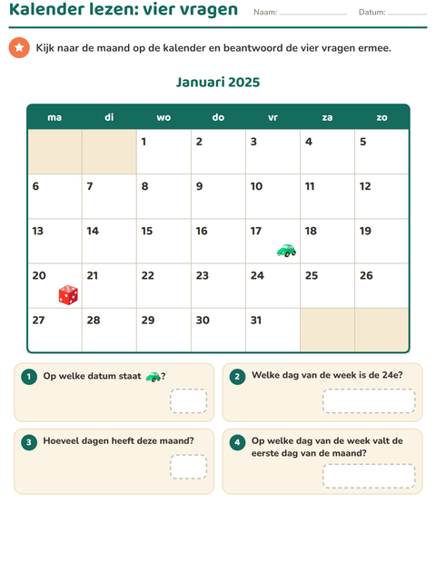 Voorbeeld van het Kalender lezen-werkblad voor groep 4