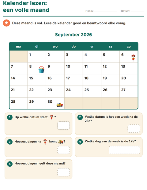 Voorbeeld van het Kalender lezen-werkblad voor groep 4