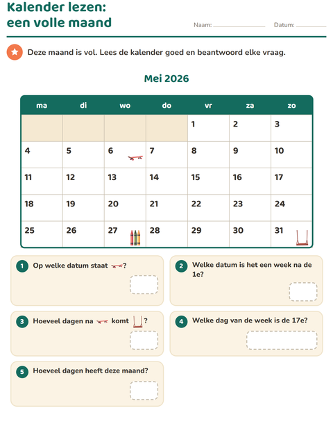 Voorbeeld van het Kalender lezen-werkblad voor groep 4