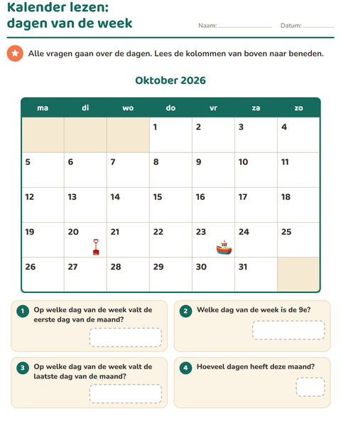 Voorbeeld van het Kalender lezen-werkblad voor groep 4