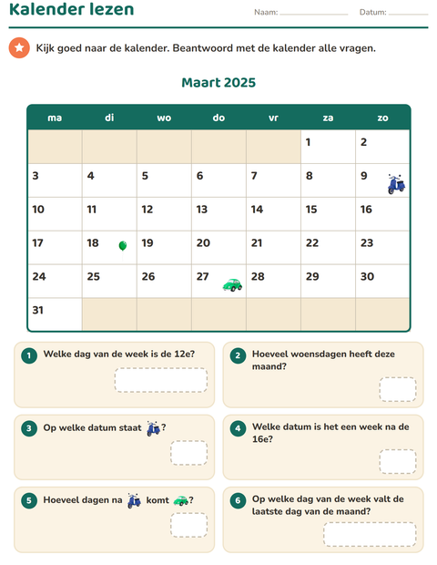 Voorbeeld van het Kalender lezen-werkblad voor groep 4