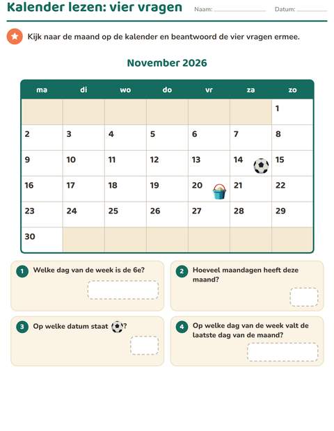 Voorbeeld van het Kalender lezen-werkblad voor groep 4