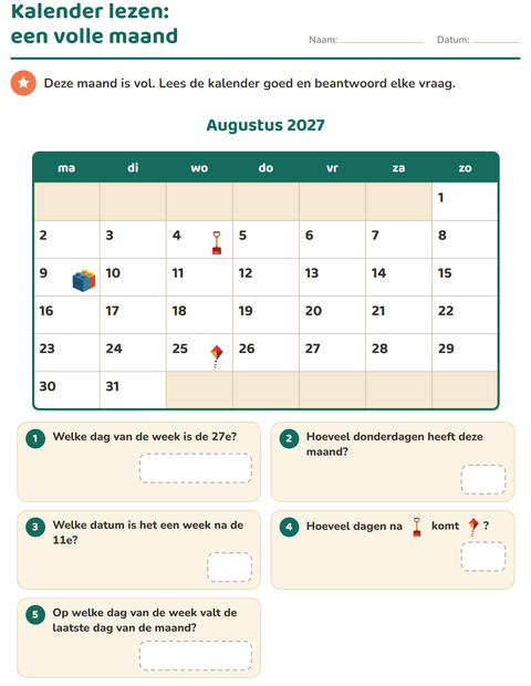 Voorbeeld van het Kalender lezen-werkblad voor groep 4