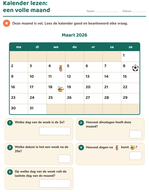 Voorbeeld van het Kalender lezen-werkblad voor groep 4