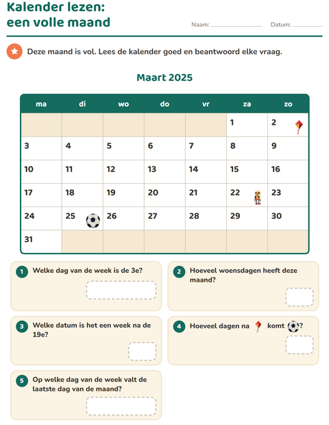 Voorbeeld van het Kalender lezen-werkblad voor groep 4