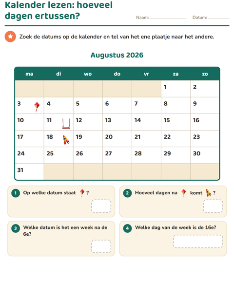 Voorbeeld van het Kalender lezen-werkblad voor groep 4