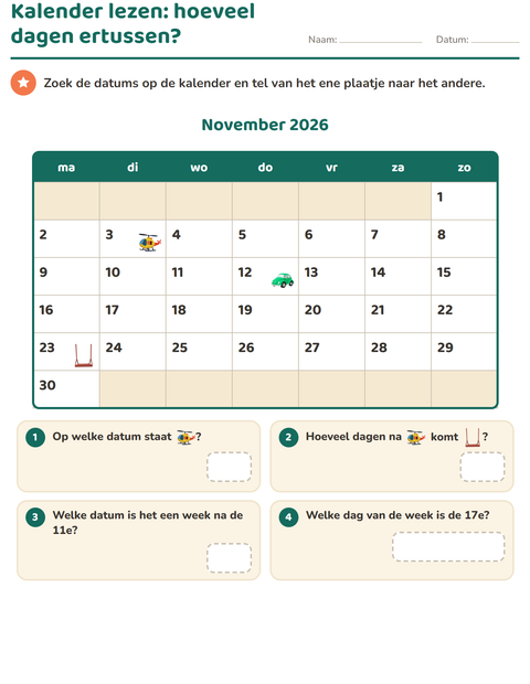 Voorbeeld van het Kalender lezen-werkblad voor groep 4