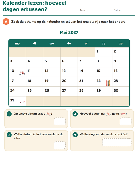 Voorbeeld van het Kalender lezen-werkblad voor groep 4
