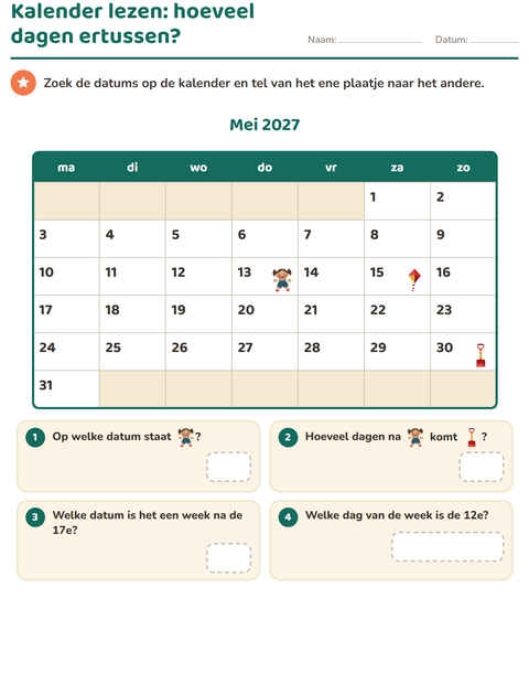 Voorbeeld van het Kalender lezen-werkblad voor groep 4