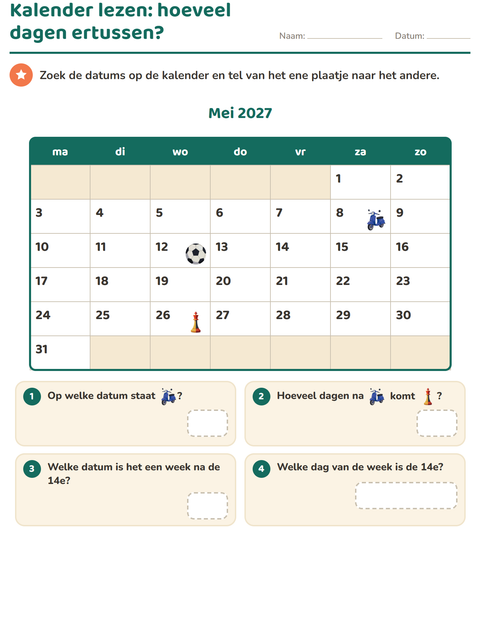 Voorbeeld van het Kalender lezen-werkblad voor groep 4