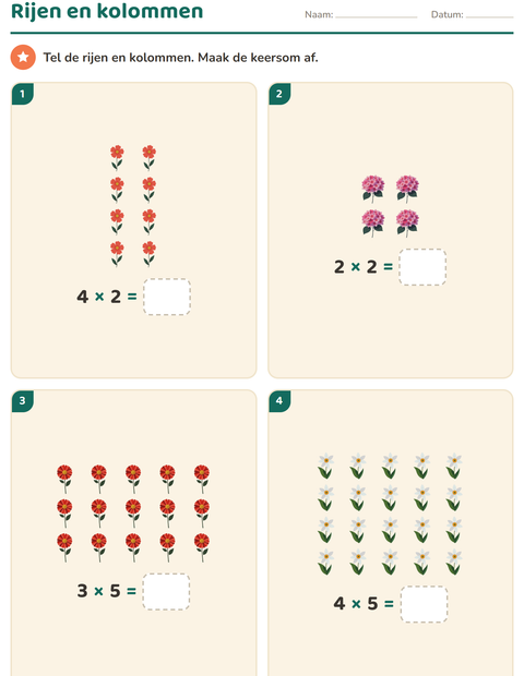 Voorbeeld van het Keersommen-werkblad met Bloemen voor groep 4