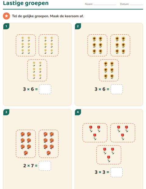 Voorbeeld van het Keersommen-werkblad met Bloemen voor groep 5