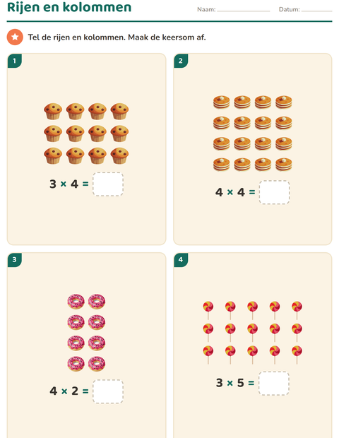Voorbeeld van het Keersommen-werkblad met Desserts en snoep voor groep 4