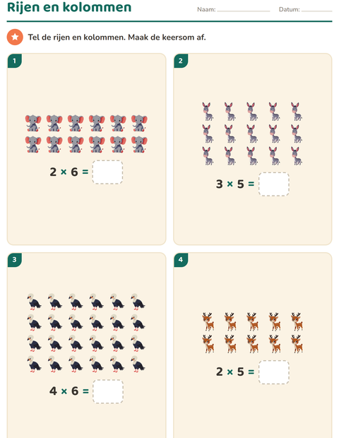 Voorbeeld van het Keersommen-werkblad met Dieren voor groep 4