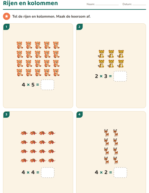 Voorbeeld van het Keersommen-werkblad met Dierentuindieren voor groep 4