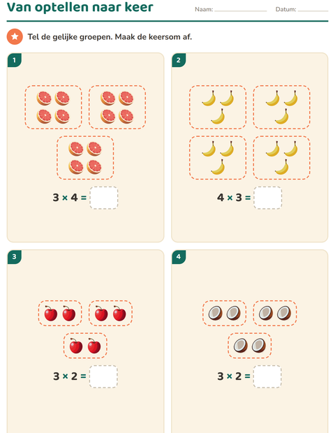 Voorbeeld van het Keersommen-werkblad met Fruit voor groep 4