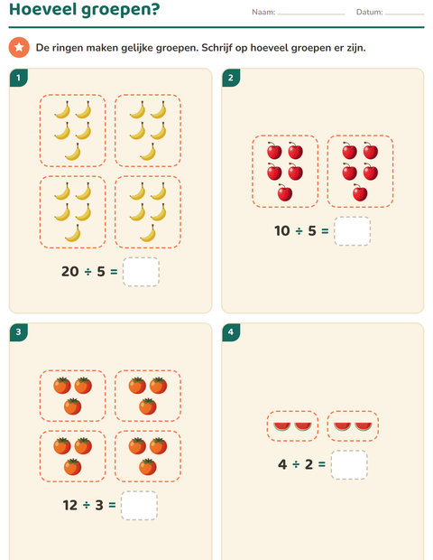 Voorbeeld van het Keersommen-werkblad met Fruit voor groep 4
