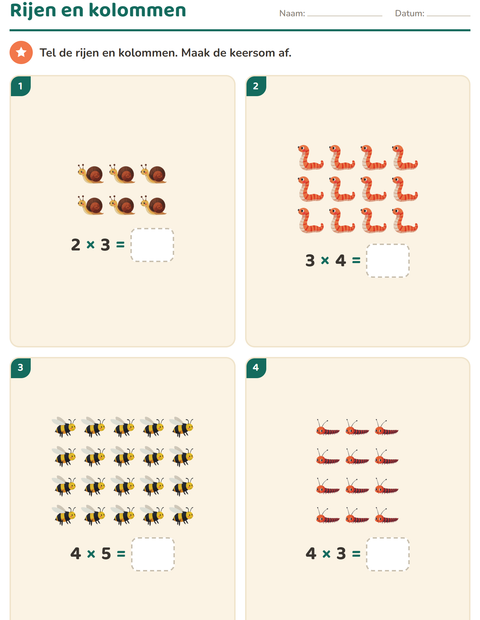 Voorbeeld van het Keersommen-werkblad met Insecten en beestjes voor groep 4