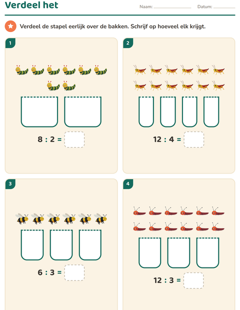 Voorbeeld van het Keersommen-werkblad met Insecten en beestjes voor groep 5