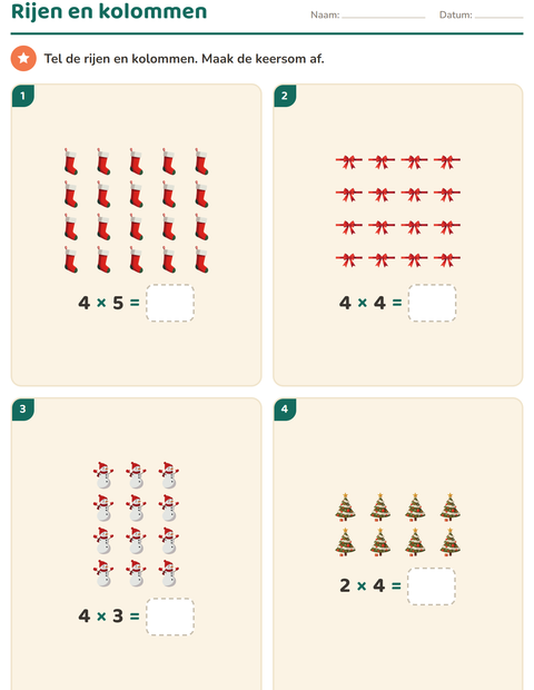 Voorbeeld van het Keersommen-werkblad met Kerstmis voor groep 4