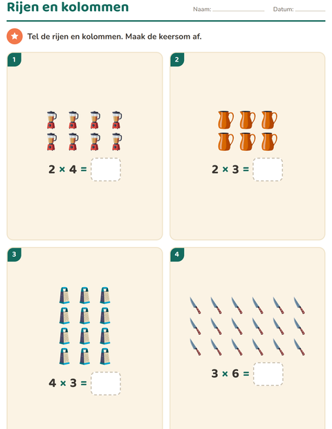 Voorbeeld van het Keersommen-werkblad met Keukengerei voor groep 4