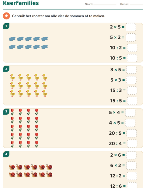 Voorbeeld van het Keersommen-werkblad met Lente voor groep 5