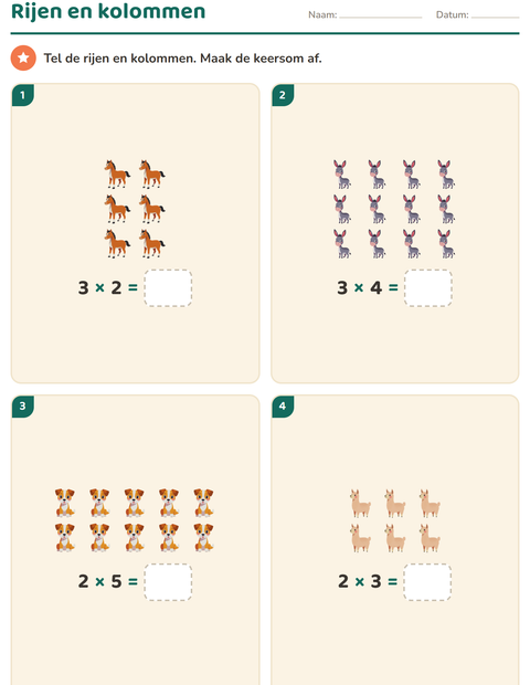 Voorbeeld van het Keersommen-werkblad met Boerderijdieren voor groep 4