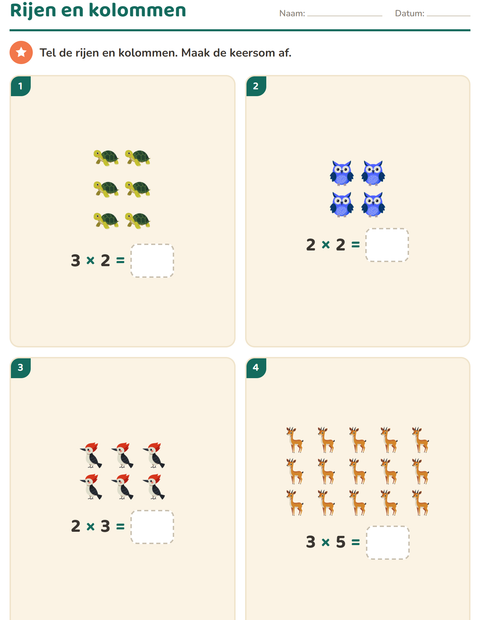 Voorbeeld van het Keersommen-werkblad met Dieren voor groep 4