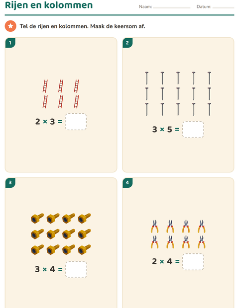 Voorbeeld van het Keersommen-werkblad met Gereedschap voor groep 4