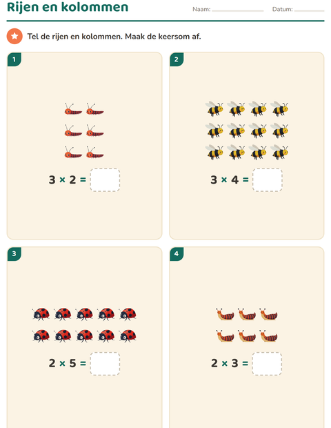Voorbeeld van het Keersommen-werkblad met Insecten en beestjes voor groep 4